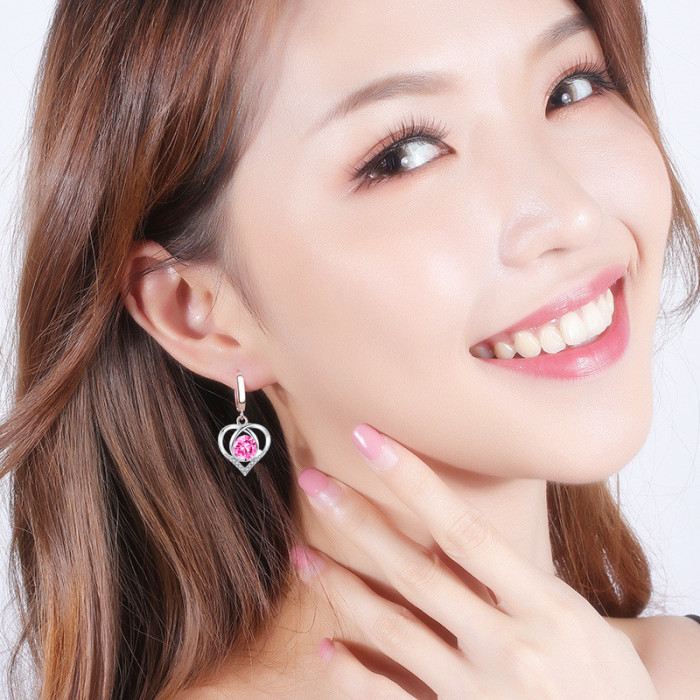 Wholesale S925 Sterling Silver 2021 Trendy Women's Fashion Jewelry High Quality Earrings Blue Pink Crystal Zircon Heart Earrings