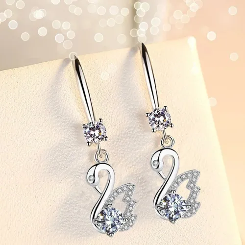 Wholesale S925 Sterling Trendy  Women Fashion Jewelry High Quality Blue Pink Crystal Zircon Swan Hot Sale Retro Simple Earrings