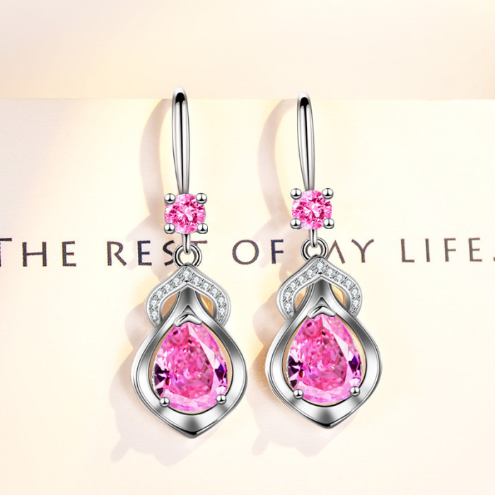 Wholesale S925 Sterling Trendywomen's Fashion Jewelry High Quality Blue Pink Cubic Zirconia Mid-length Hook Earrings