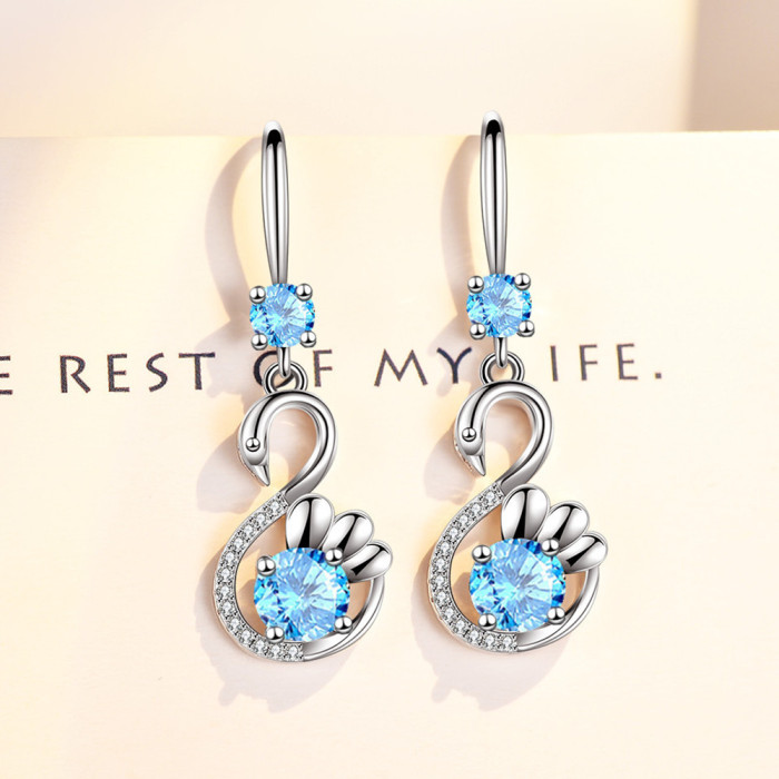 Wholesale S925 Sterling Trendy women Fashion Jewelry High Quality Blue Pink Cubic Zirconia  Swan Hook Earrings