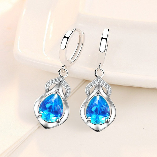 Wholesale S925 Sterling Silver Women Fashion Jewelry High Quality Blue Pink Crystal Zircon Simple Hot Selling Earrings