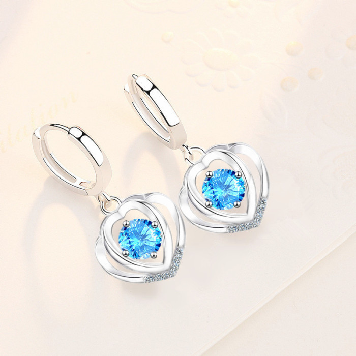 Wholesale S925 Sterling 2022 Women Fashion Jewelry High Quality Blue Pink Cubic Zirconia Simple Heart Love Earrings