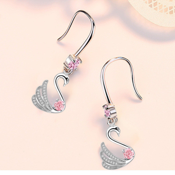Wholesale S925 Sterling Silver Trendy women Fashion Jewelry Blue Pink Zircon Crystal Swan Long Tassel Retro Simple Hook Earrings