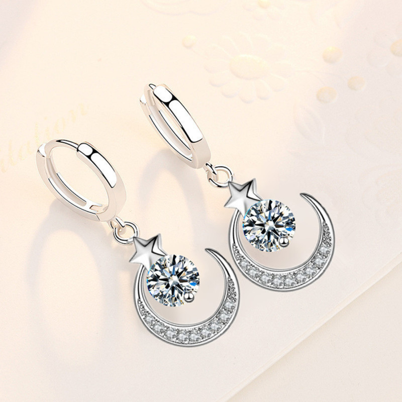 Wholesale S925 Sterling Silver Women Fashion Jewelry High Quality Blue Pink Crystal Zircon Star Moon Earrings Hot Selling