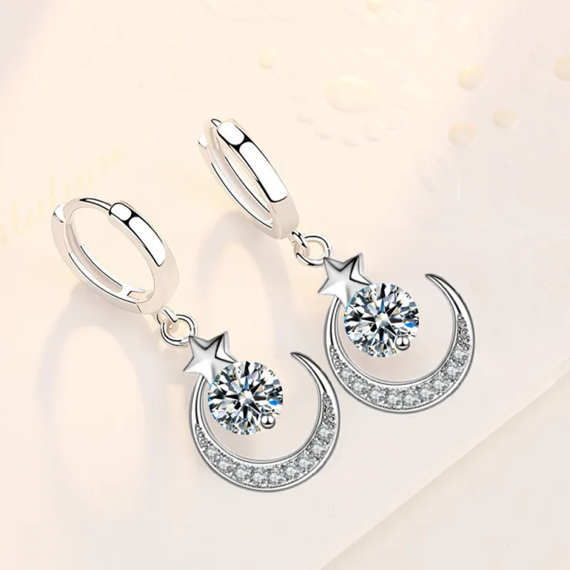Wholesale S925 Sterling Silver Women Fashion Jewelry High Quality Blue Pink Crystal Zircon Star Moon Earrings Hot Selling