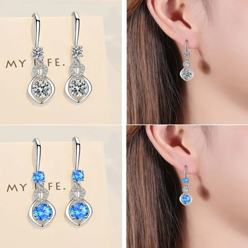 Wholesale S925 Sterling Women Fashion Jewelry High Quality Blue Pink Crystal Zircon Heart Shaped Long Tassel Hook Earrings