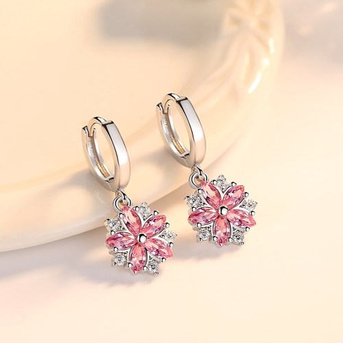 Wholesale 925 Sterling Silver Earrings High Quality Jewelry Women Fashion Trendy Pink Crystal Zircon Retro Flower Hot Earrings
