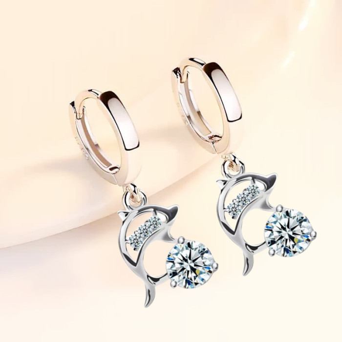 S925 Sterling Silver Trendy Women's Fashion Jewelry Earrings Blue Crystal Pink Zircon Dolphin Long Tassel Retro Earrings