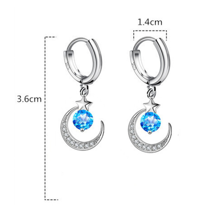 Wholesale S925 Sterling Silver Women Fashion Jewelry High Quality Blue Pink Crystal Zircon Star Moon Earrings Hot Selling