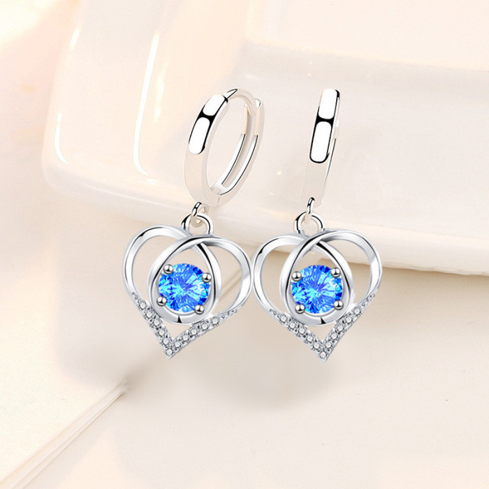 Wholesale S925 Sterling Silver 2021 Trendy Women's Fashion Jewelry High Quality Earrings Blue Pink Crystal Zircon Heart Earrings