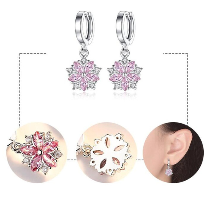 Wholesale 925 Sterling Silver Earrings High Quality Jewelry Women Fashion Trendy Pink Crystal Zircon Retro Flower Hot Earrings