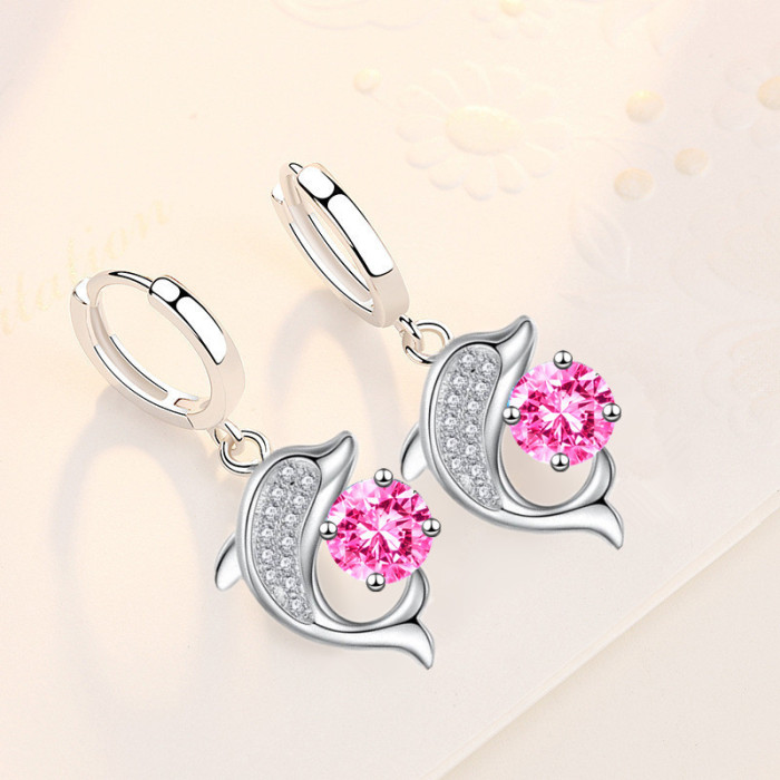 Wholesale S925 Sterling Silver Women Fashion Jewelry High Quality Blue Pink Crystal Zircon Dolphin Hot Selling Earrings