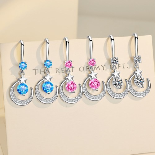 Wholesale S925 Sterling Silver Trendy Women's Fashion Jewelry  Crystal Zircon Star Moon Long Tassel Water Drop Hook Earrings
