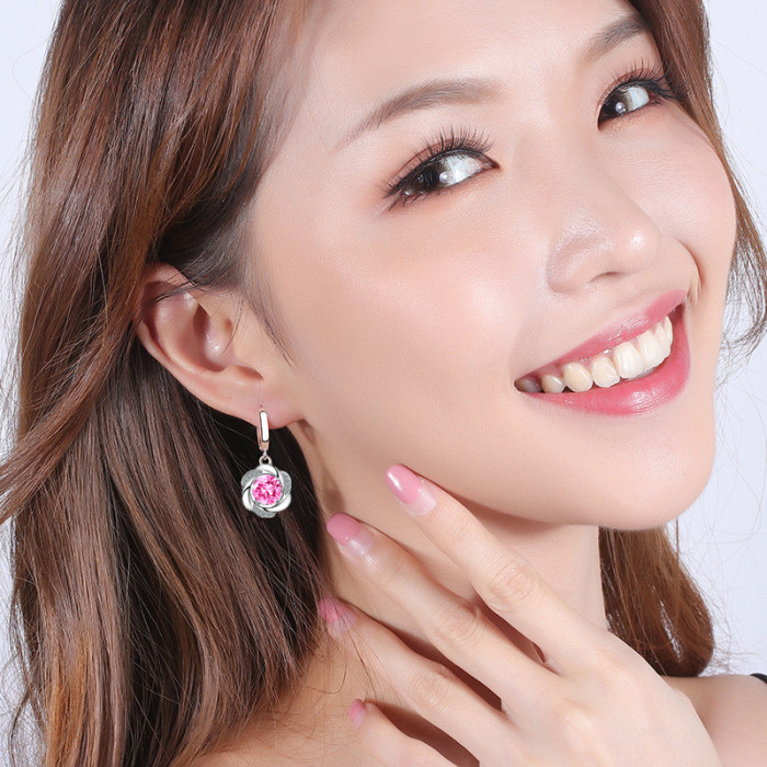 Wholesale S925 Sterling Silver 2021 Trendy Women's Fashion Jewelry High Quality Blue Pink Crystal Zircon Simple Flower Earrings