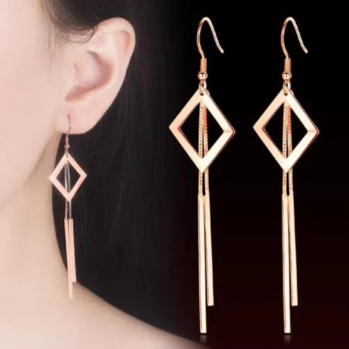 Wholesale S925 Sterling Silver Trendy Jewelry High Quality Women Fashion Retro Long Tassel Hollow Square Water Drop Pop Earrings