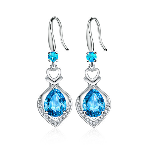 Wholesale S925 Sterling Silver Women Fashion Jewelry High Quality Blue Pink Crystal Zircon Heart Love Hook Earrings