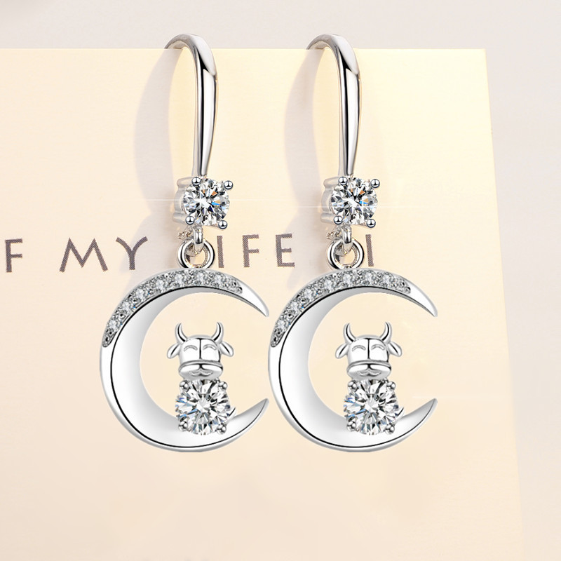 Wholesale S925 Sterling Silver 2021 Trendy Women's Fashion Jewelry  Crystal Zircon Moon Calf Long Tassel Hanging Earrings