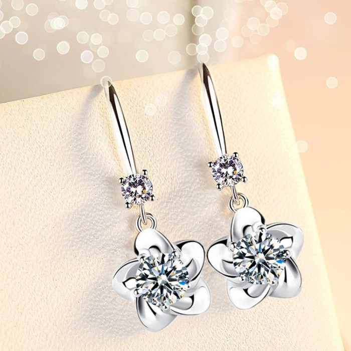 Wholesale S925 Sterling Silver Trendy women Fashion Jewelry Pink Blue White Crystal Zircon Long Tassel Flower Hook Type Earrings