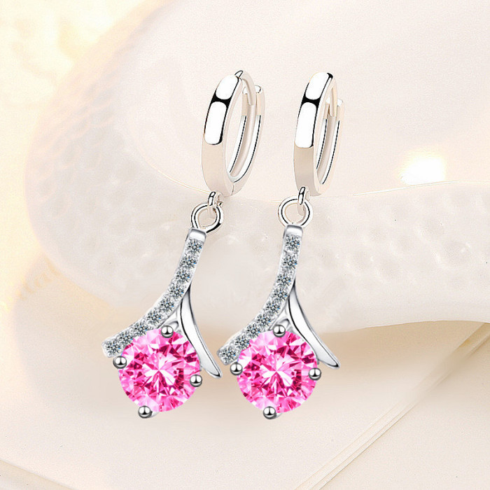 Wholesale S925 Sterling Silver Trendy Women's Fashion Jewelry High Quality Simple Water Drop Blue Pink Crystal Zircon Earrings