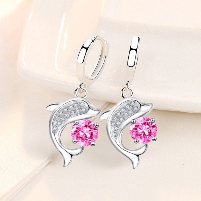 Wholesale S925 Sterling Silver Women Fashion Jewelry High Quality Blue Pink Crystal Zircon Dolphin Hot Selling Earrings