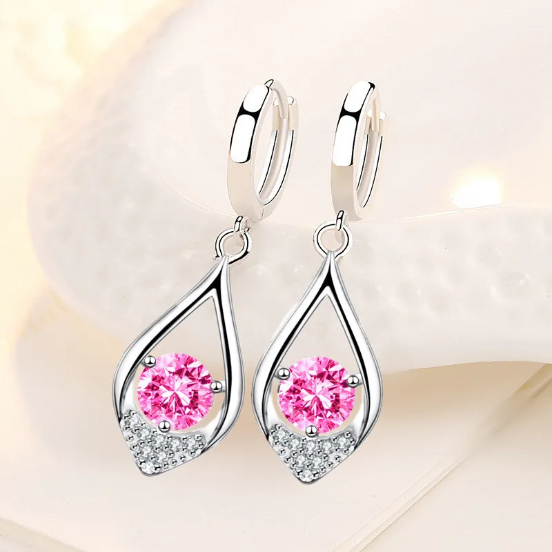 Wholesale S925 Sterling Silver Trendy women's Fashion Jewelry High Quality Leaf Drop Earrings Blue Pink Crystal Zircon Earrings