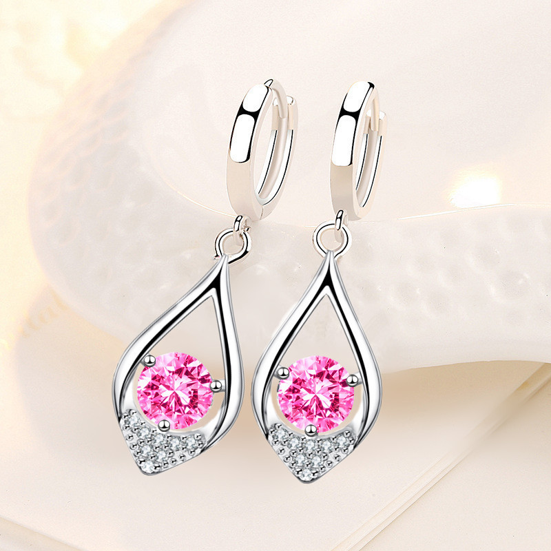 Wholesale S925 Sterling Silver Trendy women's Fashion Jewelry High Quality Leaf Drop Earrings Blue Pink Crystal Zircon Earrings