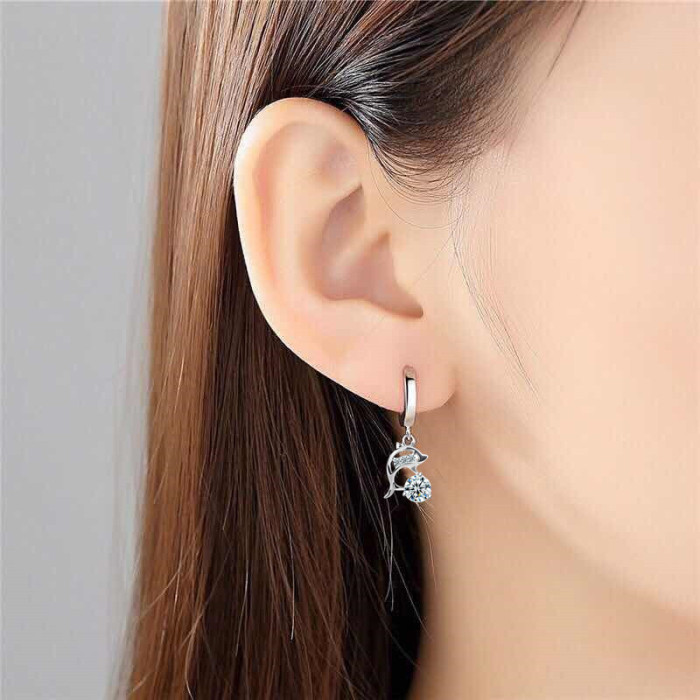 S925 Sterling Silver Trendy Women's Fashion Jewelry Earrings Blue Crystal Pink Zircon Dolphin Long Tassel Retro Earrings