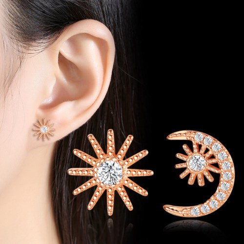 Wholesale S925 Sterling Women Fashion Jewelry High Quality Cubic Zirconia Gold Silver Star Moon Interstellar Stud Earrings 582