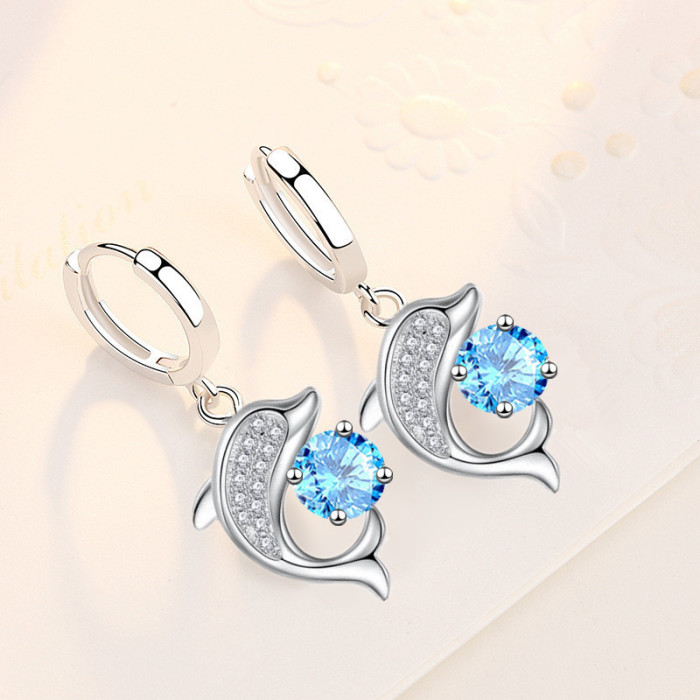 Wholesale S925 Sterling Silver Women Fashion Jewelry High Quality Blue Pink Crystal Zircon Dolphin Hot Selling Earrings