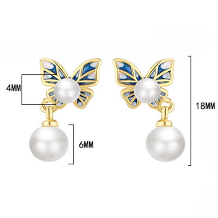 Wholesale S925 Sterling Silver Trendy  Women's Fashion Jewelry High Quality Gold Butterfly Simple Pearl Long Earrings