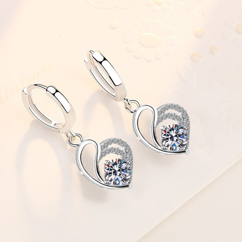 Wholesale S925 Sterling Trendy  Women's Fashion Jewelry High Quality Blue Cubic Zirconia Hollow Heart Love Mid-Long Earrings
