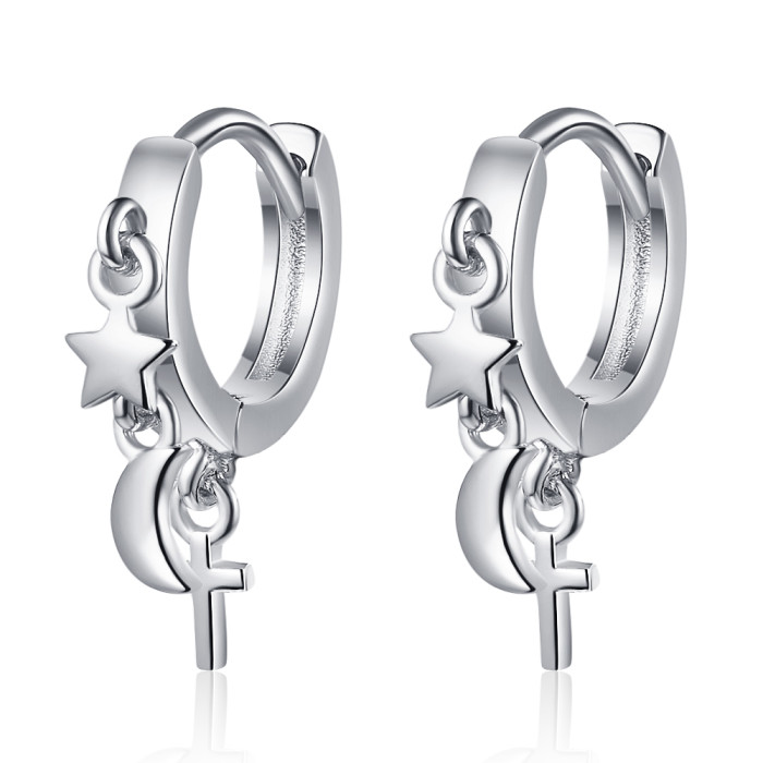 Wholesale S925 Sterling Women Fashion Jewelry High Quality Simple Star Moon Cross Golden Cubic Zirconia Earrings