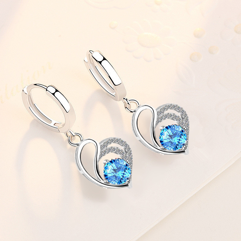 Wholesale S925 Sterling Trendy  Women's Fashion Jewelry High Quality Blue Cubic Zirconia Hollow Heart Love Mid-Long Earrings
