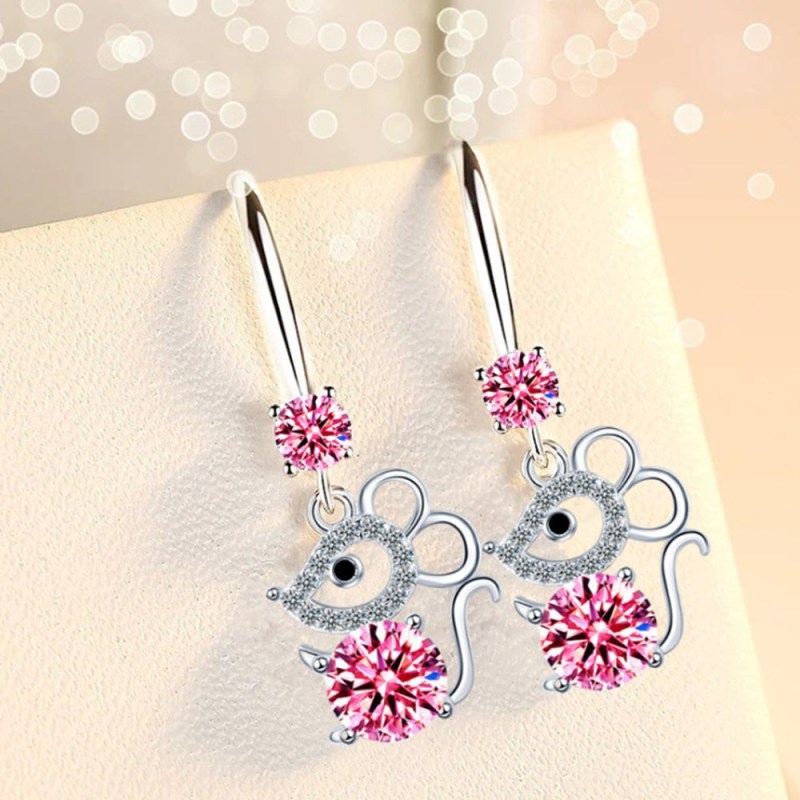 Wholesale S925 Sterling Silver Women Fashion Jewelry High Quality Blue Pink White Crystal Zircon Drop Mouse Earrings