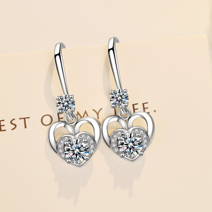Wholesale S925 Sterling Trendy  Women's Fashion Jewelry High Quality Cubic Zirconia Heart Love Hollow Long Tassel Hook Earrings
