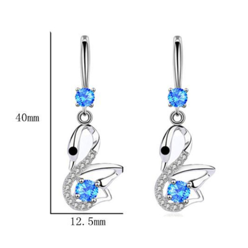 Wholesale S925 Sterling Trendy  Women Fashion Jewelry High Quality Blue Pink Crystal Zircon Swan Long Tassel Hook Earrings