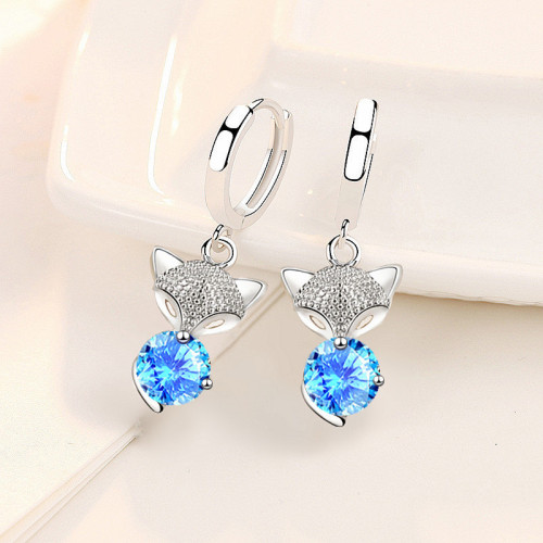 Wholesale S925 Sterling Silver Trendy  Women's Fashion Jewelry High Quality Fox Drop Earrings Blue Pink Crystal Zircon Earrings
