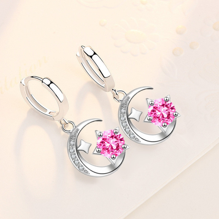 Wholesale Hot Selling S925 Sterling Women Fashion Jewelry High Quality Blue Pink Cubic Zirconia Star Moon Earrings