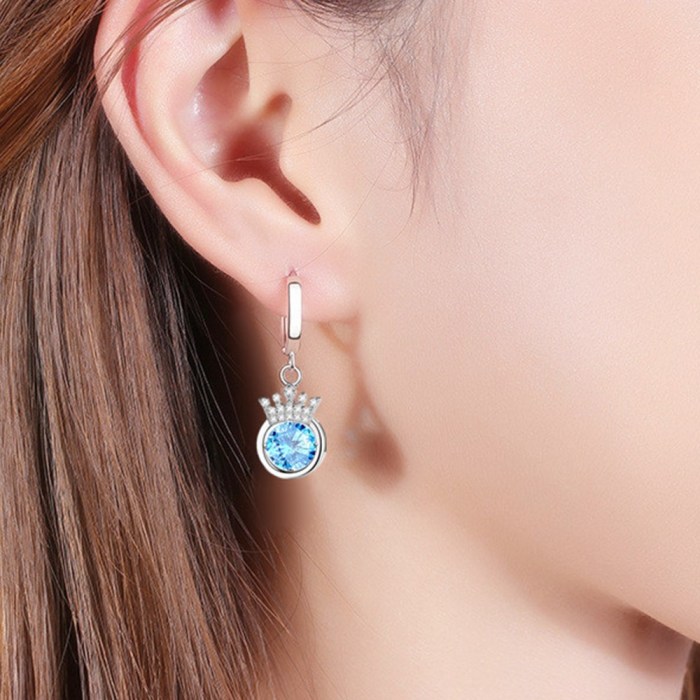 Wholesale S925 Sterling Women Fashion Jewelry High Quality Blue Pink Cubic Zirconia Crown Hot Selling Earrings