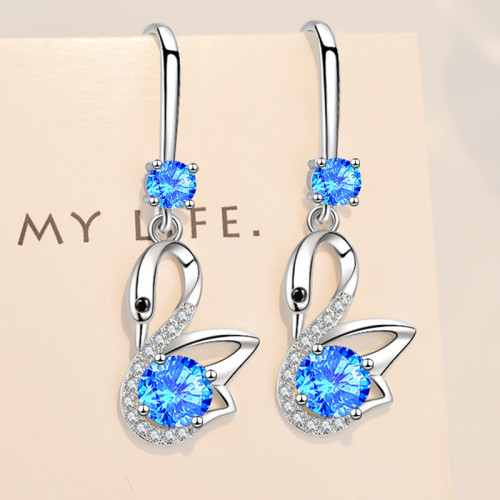 Wholesale S925 Sterling Trendy  Women Fashion Jewelry High Quality Blue Pink Crystal Zircon Swan Long Tassel Hook Earrings