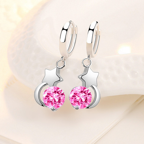 Wholesale S925 Sterling Women Fashion Jewelry High Quality Blue Pink Cubic Zirconia Star Moon Earrings Hot Selling