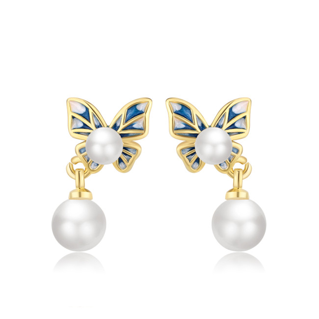 Wholesale S925 Sterling Silver Trendy  Women's Fashion Jewelry High Quality Gold Butterfly Simple Pearl Long Earrings