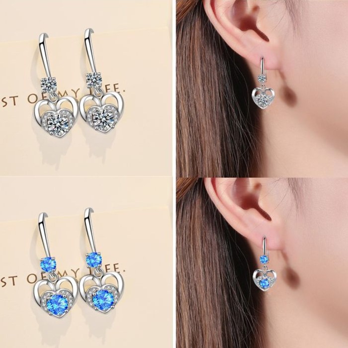 Wholesale S925 Sterling Trendy  Women's Fashion Jewelry High Quality Cubic Zirconia Heart Love Hollow Long Tassel Hook Earrings