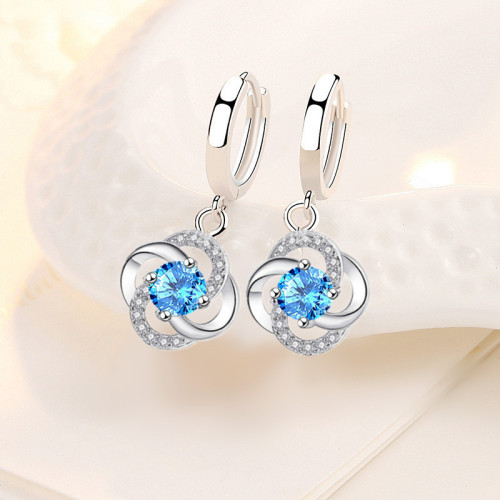 Wholesale S925 Sterling Trendy  Women's Fashion Jewelry High Quality Blue Cubic Zirconia Hollow Flower Love  Earrings Gift