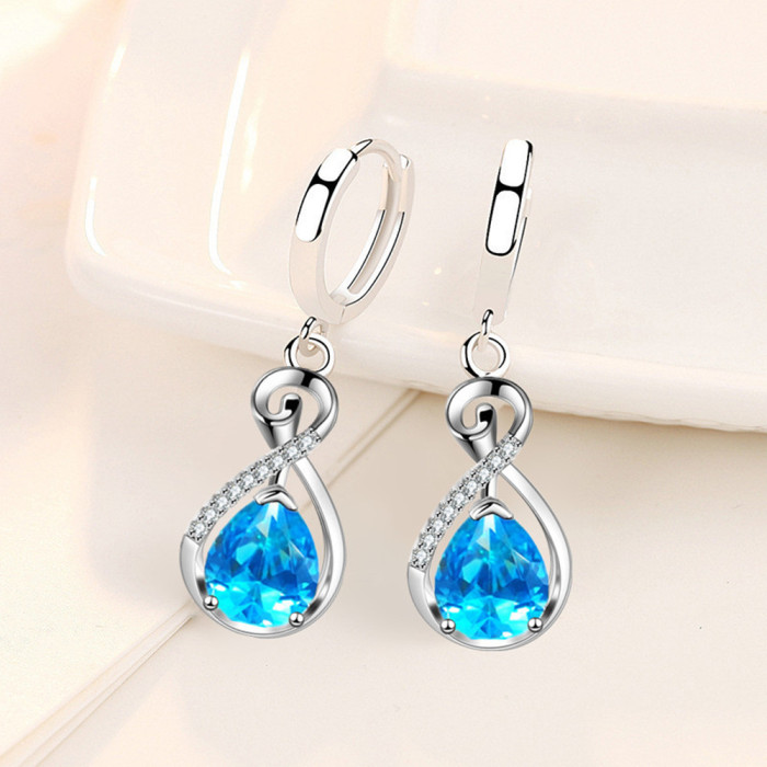 Wholesale S925 Sterling Silver Women Fashion Jewelry High Quality Blue Pink Crystal Zircon Hollow Simple Hot Selling Earrings