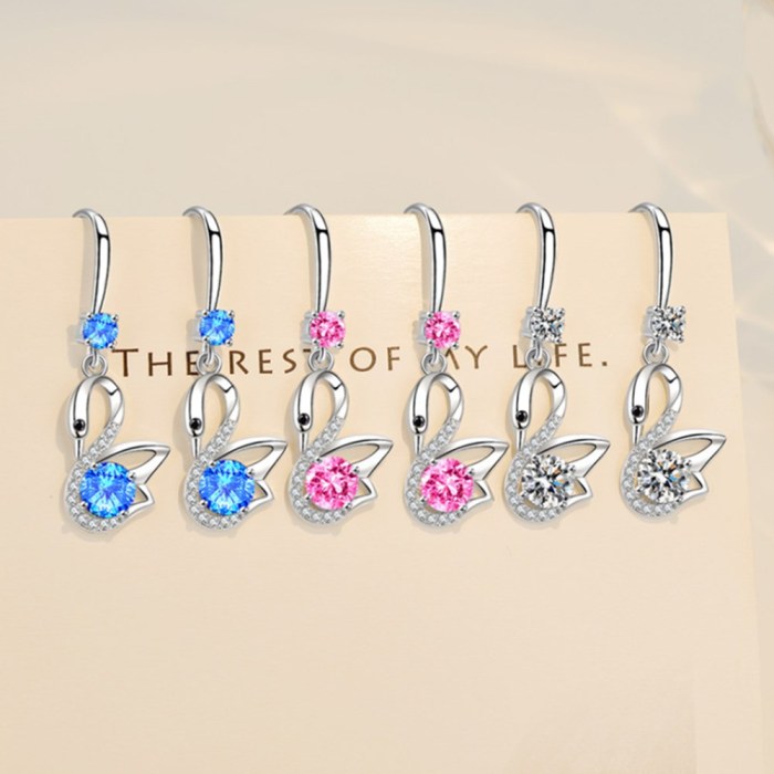 Wholesale S925 Sterling Trendy  Women Fashion Jewelry High Quality Blue Pink Crystal Zircon Swan Long Tassel Hook Earrings