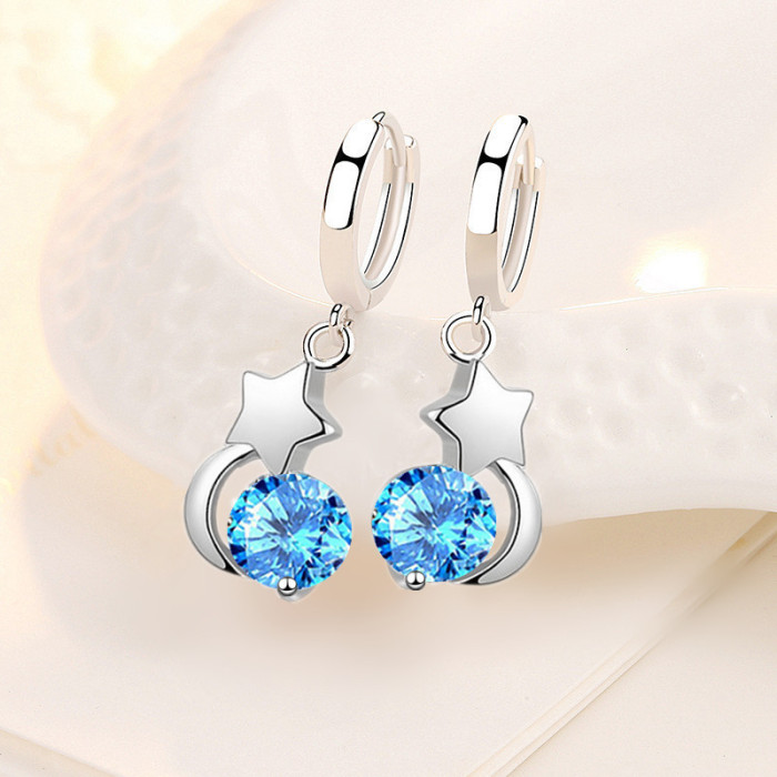 Wholesale S925 Sterling Women Fashion Jewelry High Quality Blue Pink Cubic Zirconia Star Moon Earrings Hot Selling
