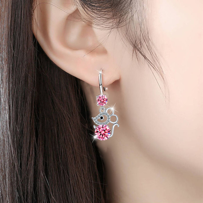 Wholesale S925 Sterling Silver Women Fashion Jewelry High Quality Blue Pink White Crystal Zircon Drop Mouse Earrings