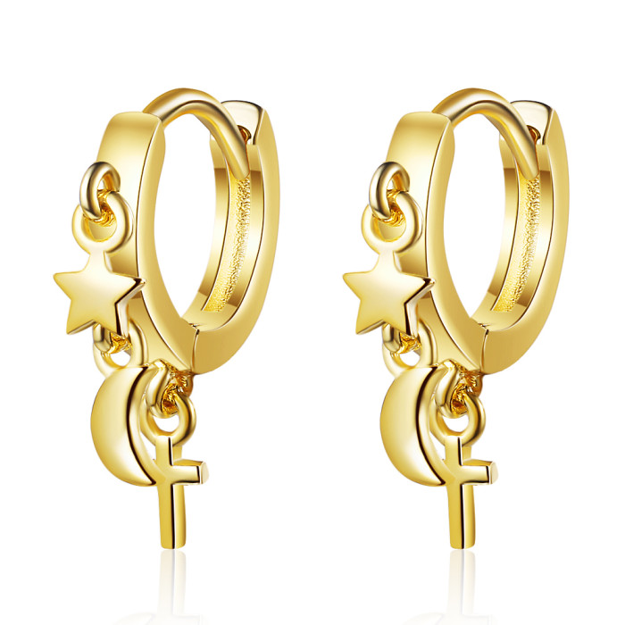 Wholesale S925 Sterling Women Fashion Jewelry High Quality Simple Star Moon Cross Golden Cubic Zirconia Earrings