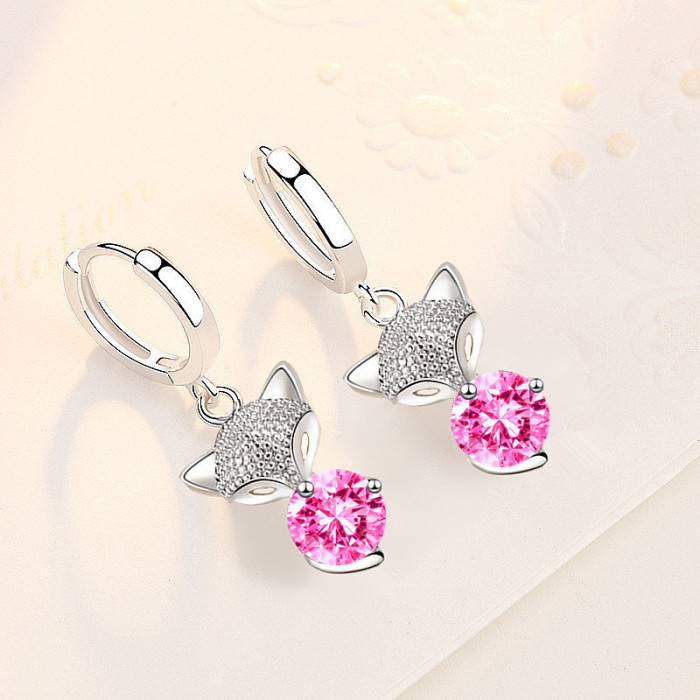 Wholesale S925 Sterling Silver Trendy  Women's Fashion Jewelry High Quality Fox Drop Earrings Blue Pink Crystal Zircon Earrings